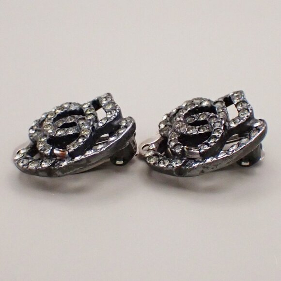 CHANEL Logo Camellia Motif Rhinestone Earrings 00A Silver France - Picture 4 of 16